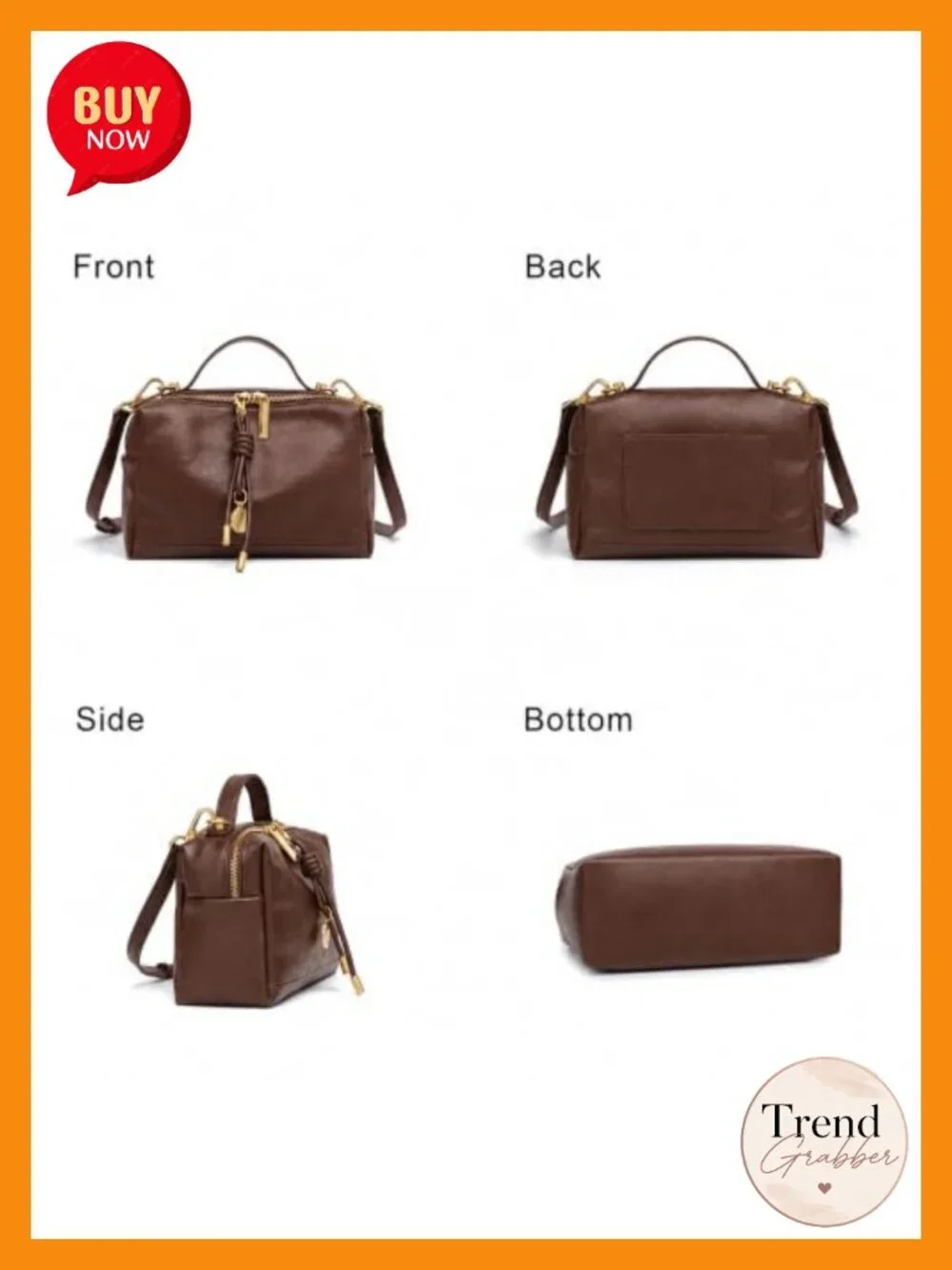 Genuine Leather Small Satchel Top Handle Crossbody with Double Zipper
